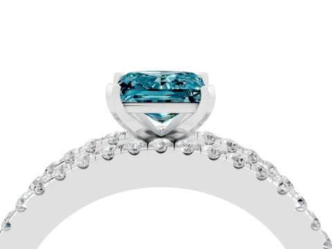 White gold Princess Cut Blue Topaz Solitaire Ring with Pavé and Channel Set Band_4