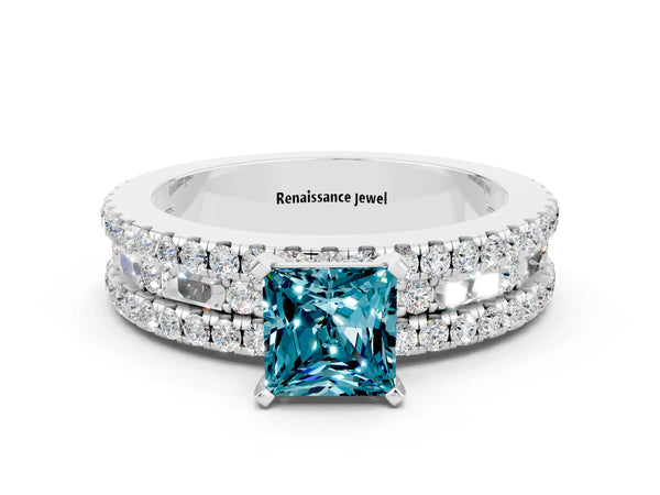 Silver Princess Cut Blue Topaz Solitaire Ring with Pavé and Channel Set Band
