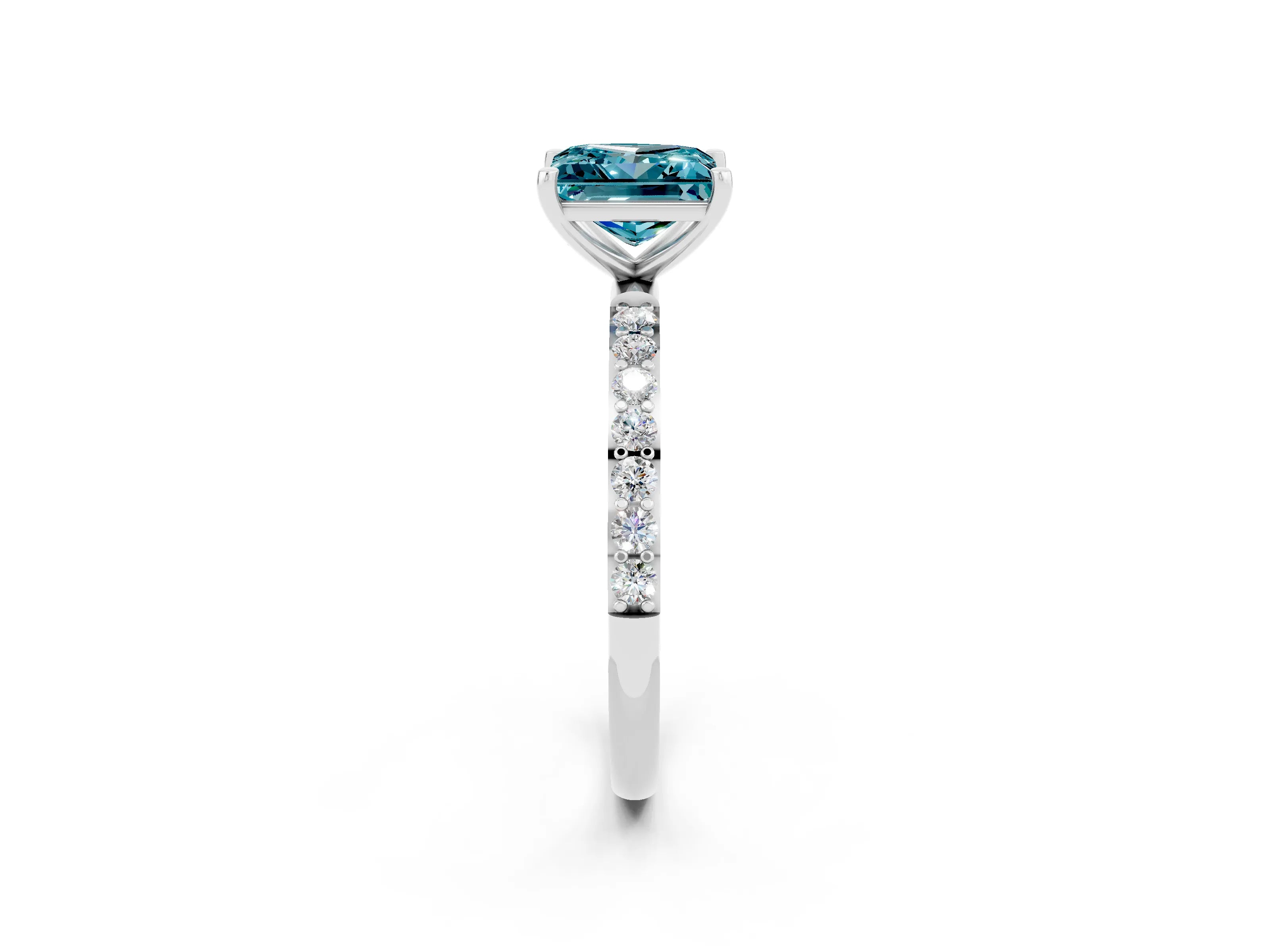 White gold Princess Cut Blue Topaz Solitaire Ring with Pave Band and Four Prong Setting_14