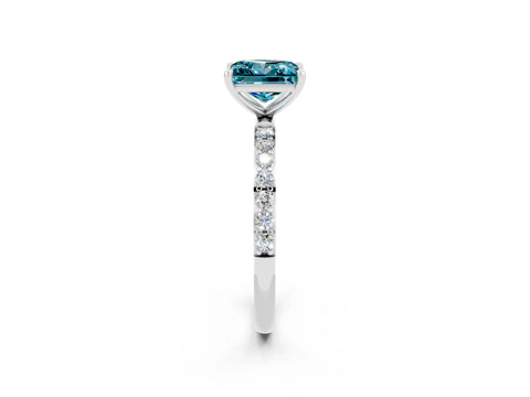 White gold Princess Cut Blue Topaz Solitaire Ring with Pave Band and Four Prong Setting_14