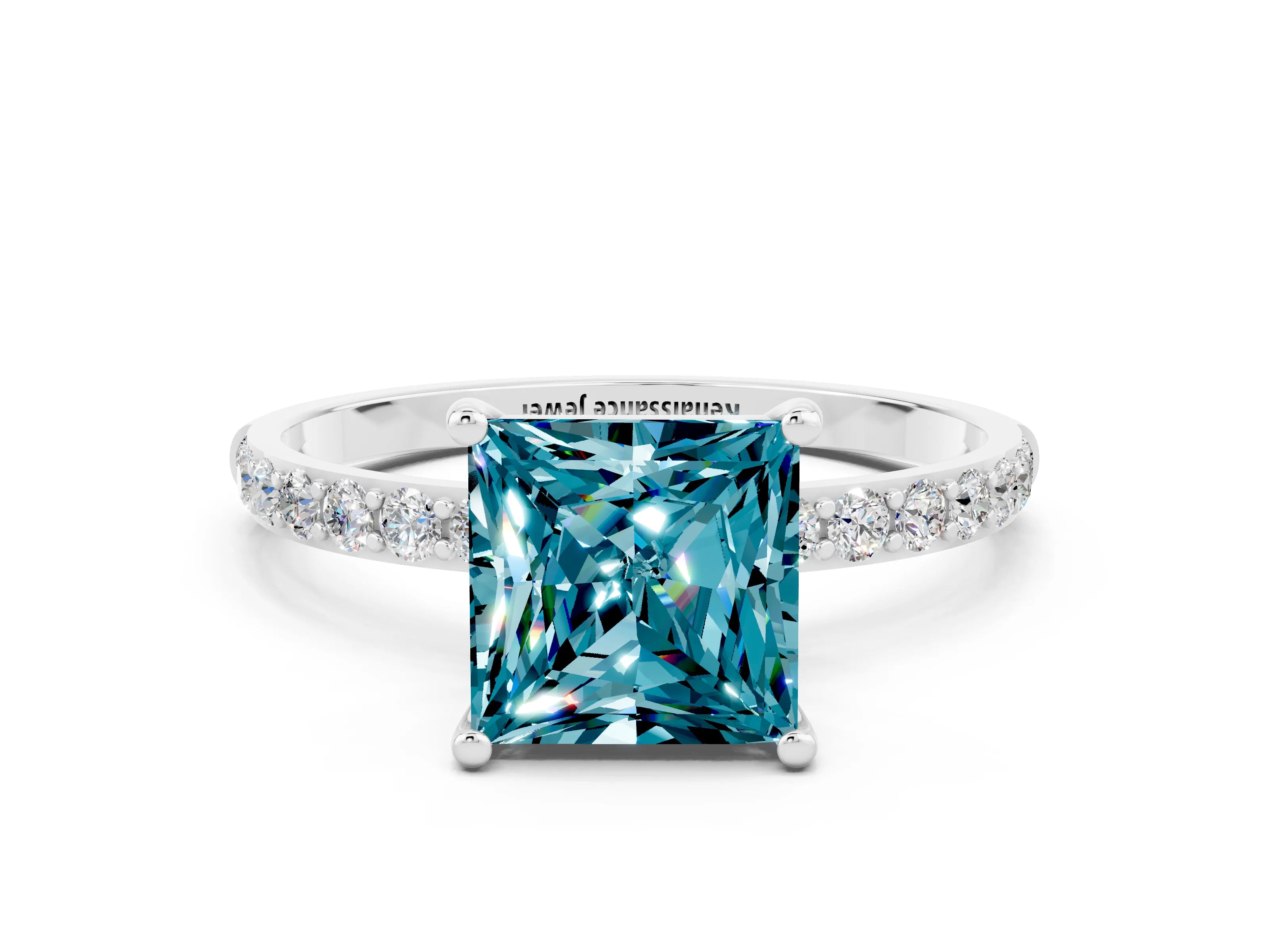 White gold Princess Cut Blue Topaz Solitaire Ring with Pave Band and Four Prong Setting_24