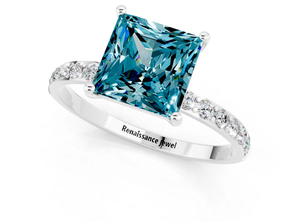 White gold Princess Cut Blue Topaz Solitaire Ring with Round  Pavé Band and Prong Setting