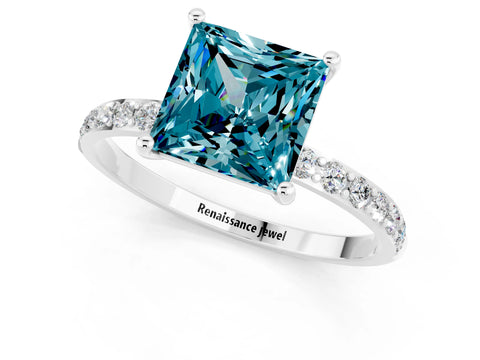 White gold Princess Cut Blue Topaz Solitaire Ring with Pave Band and Four Prong Setting_25