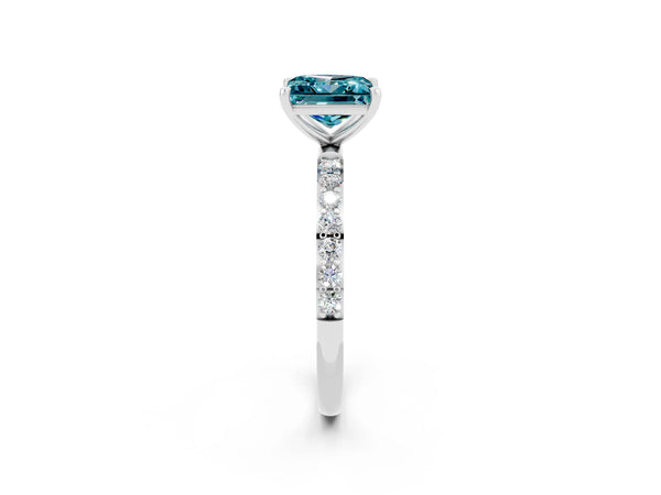 Platinum Princess Cut Blue Topaz Solitaire Ring with Round  Pavé Band and Prong Setting