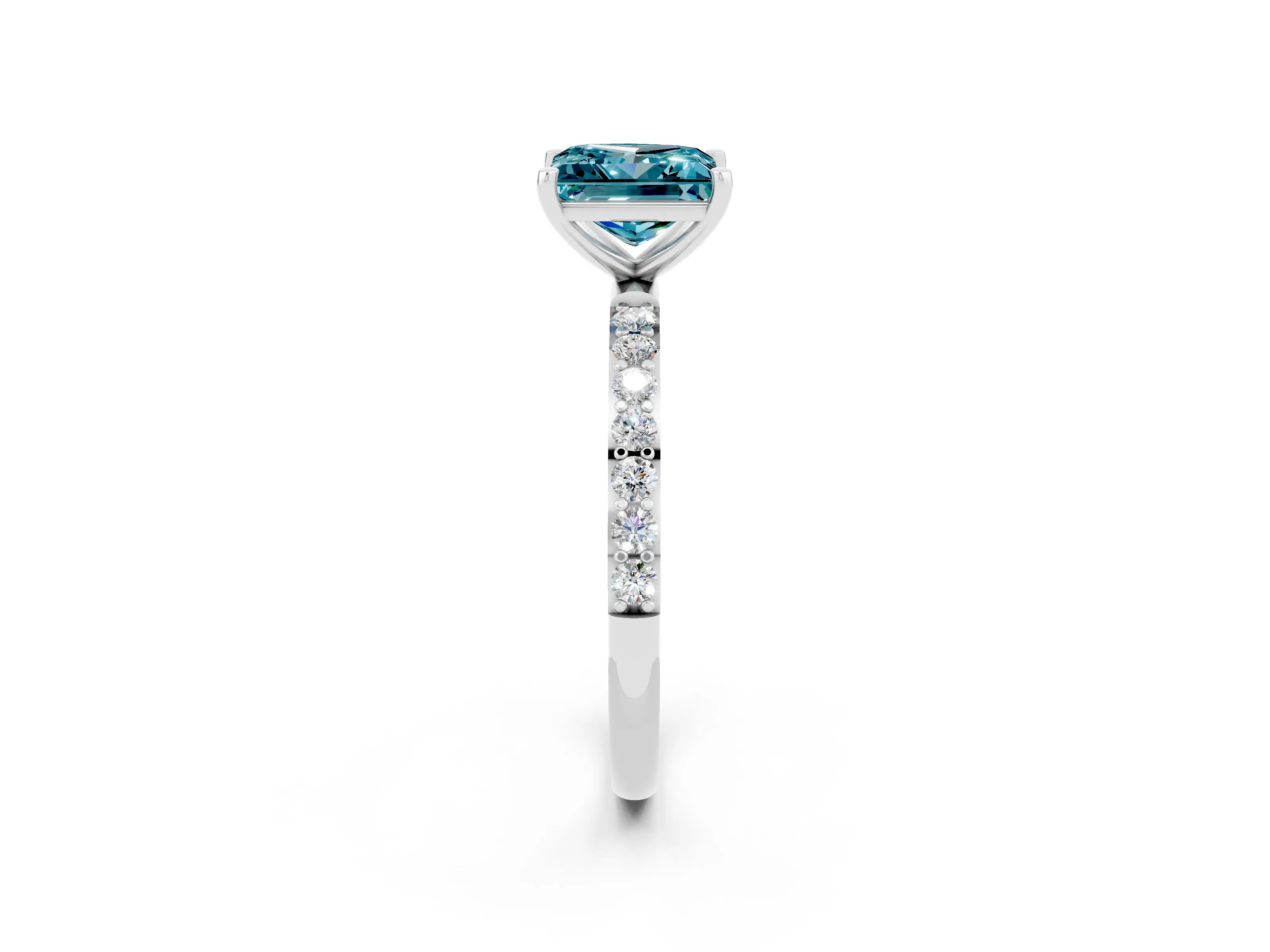 White gold Princess Cut Blue Topaz Solitaire Ring with Pave Band and Four Prong Setting_26