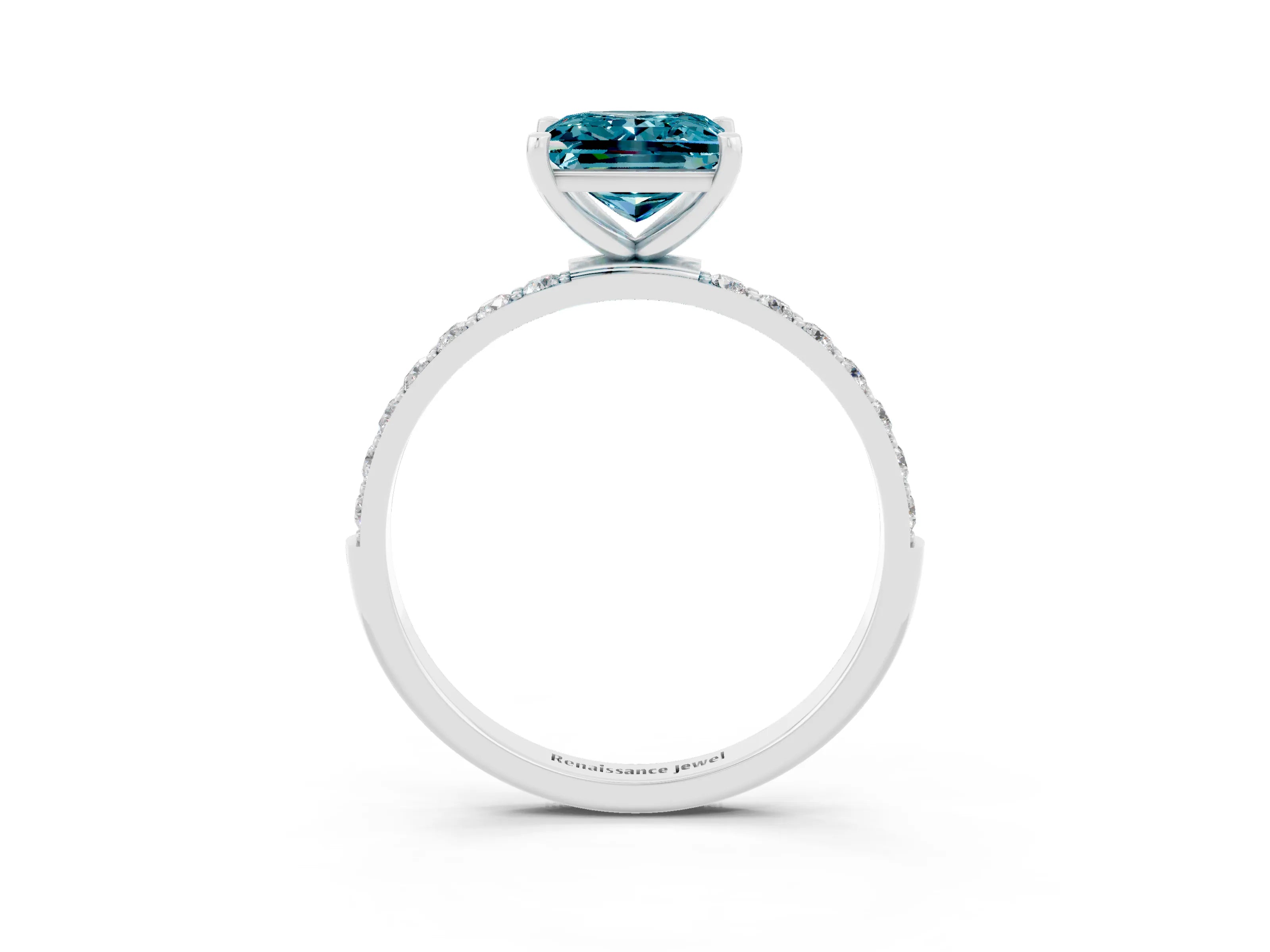 White gold Princess Cut Blue Topaz Solitaire Ring with Pave Band and Four Prong Setting_27