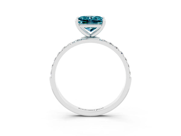 White gold Princess Cut Blue Topaz Solitaire Ring with Round  Pavé Band and Prong Setting