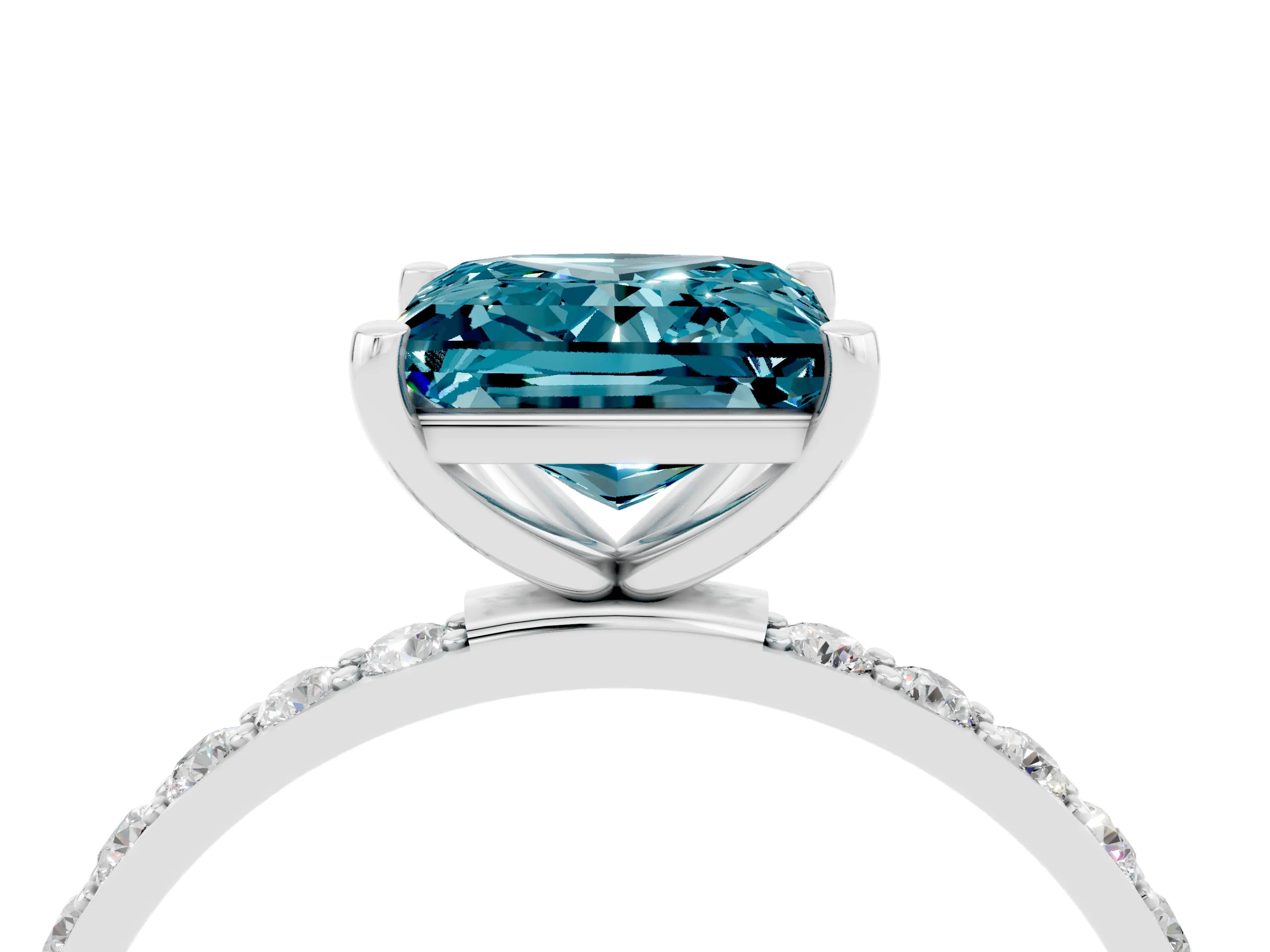 White gold Princess Cut Blue Topaz Solitaire Ring with Pave Band and Four Prong Setting_28