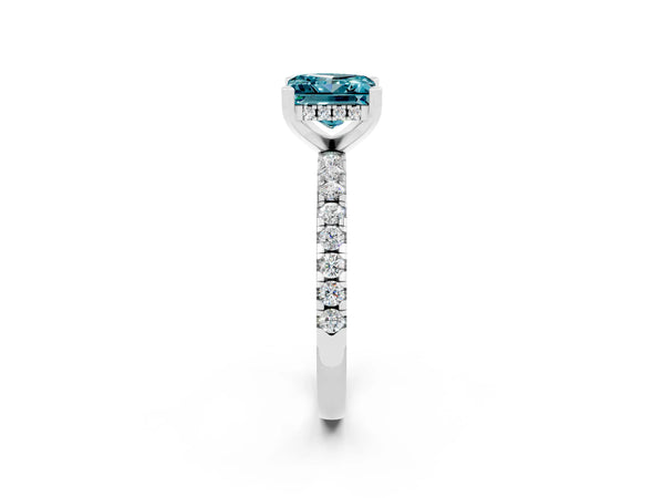 White gold Princess Cut Blue Topaz Solitaire Ring with Round Pavé Band and Four-Prong Setting