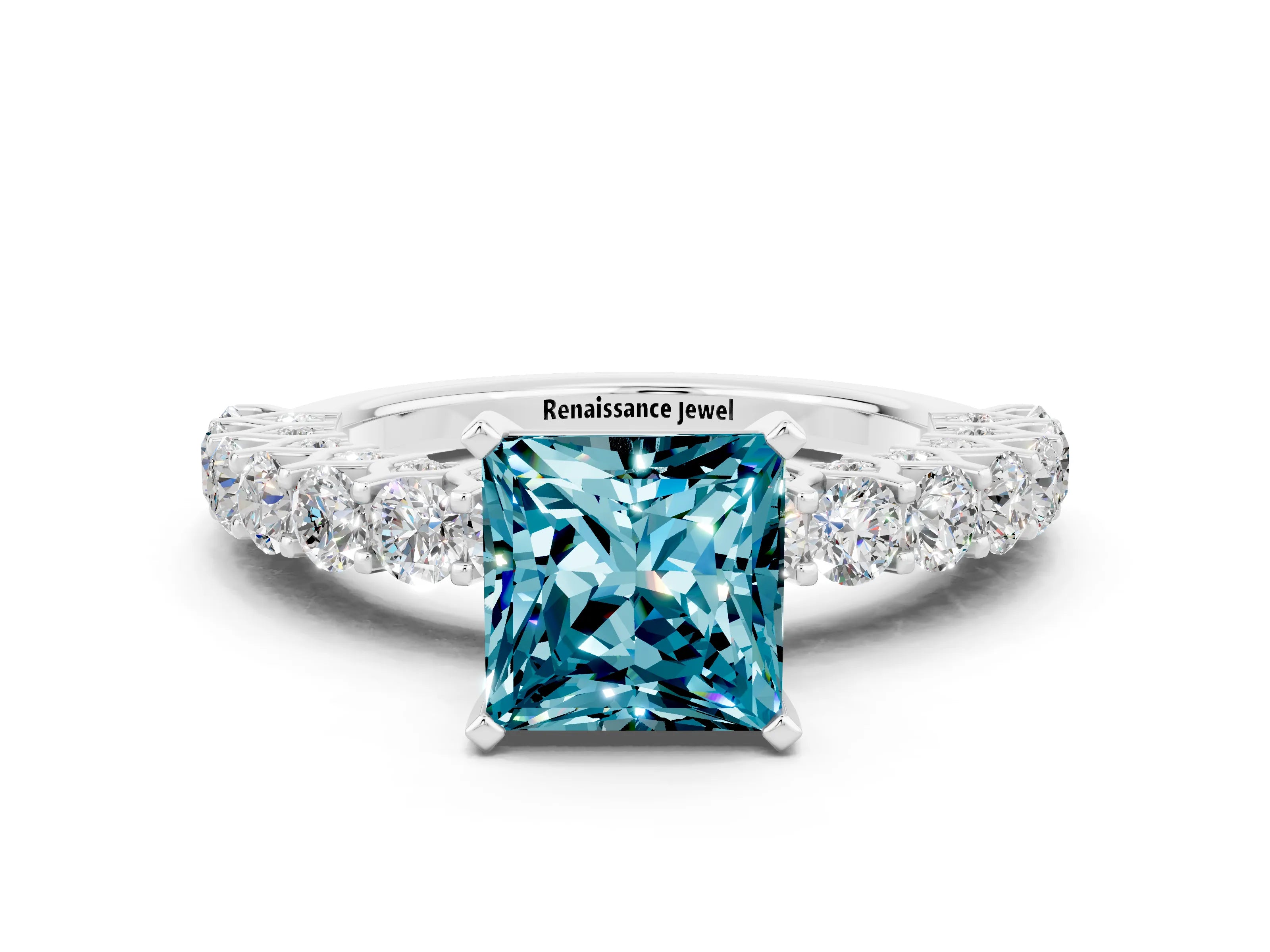White gold Princess Cut Blue Topaz Solitaire Ring with Shared Prong Pavé Band and Four-Prong Setting