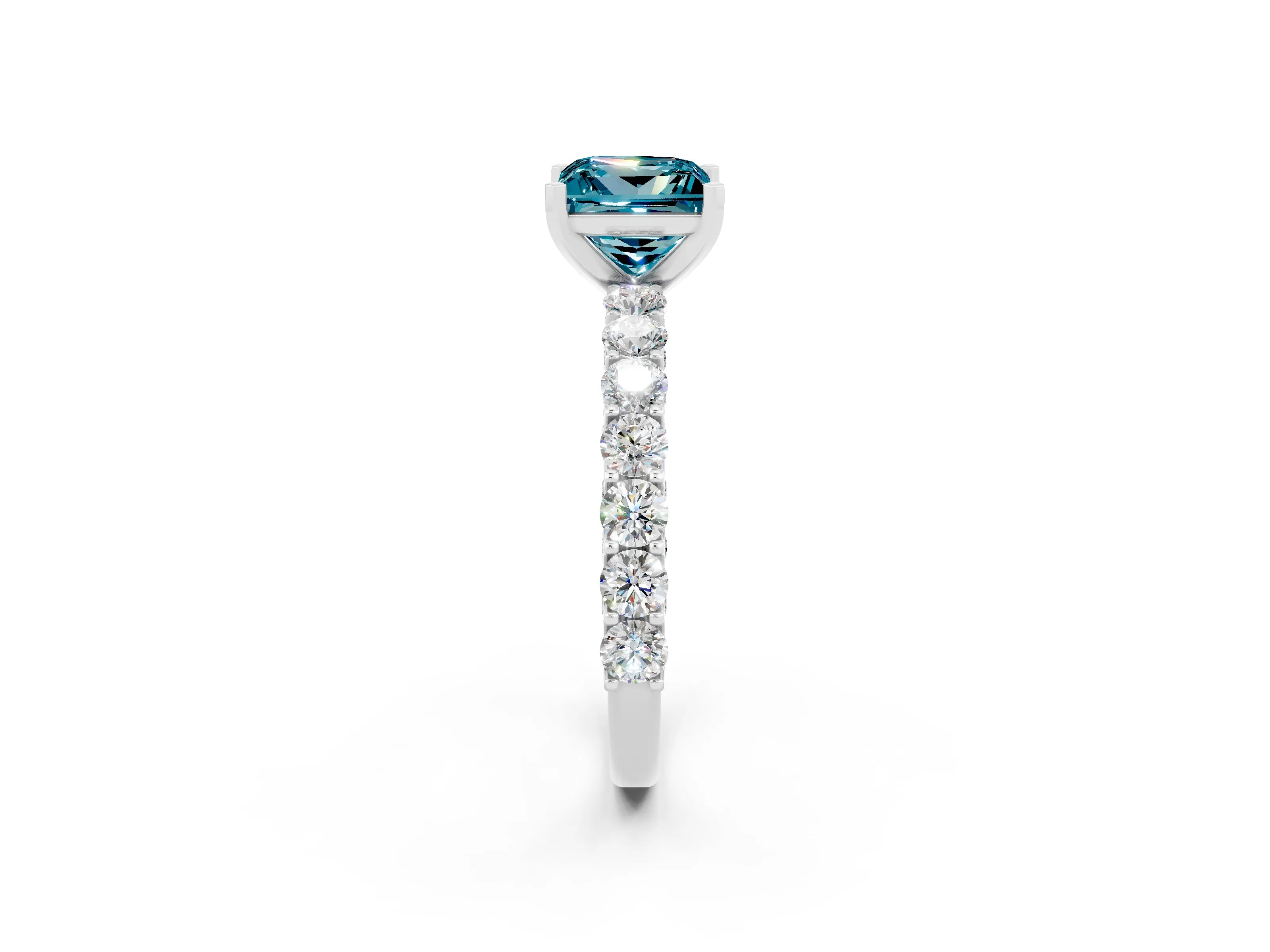 White gold Princess Cut Blue Topaz Solitaire Ring with Shared Prong Pavé Band and Four-Prong Setting_2