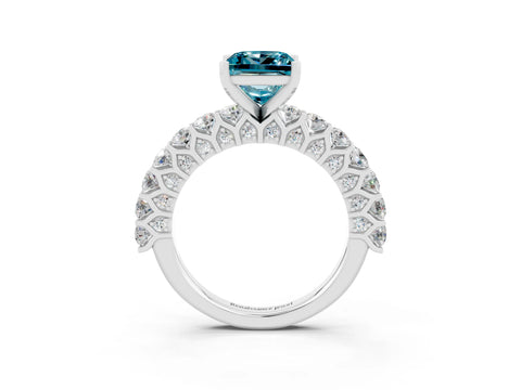 White gold Princess Cut Blue Topaz Solitaire Ring with Shared Prong Pavé Band and Four-Prong Setting_3