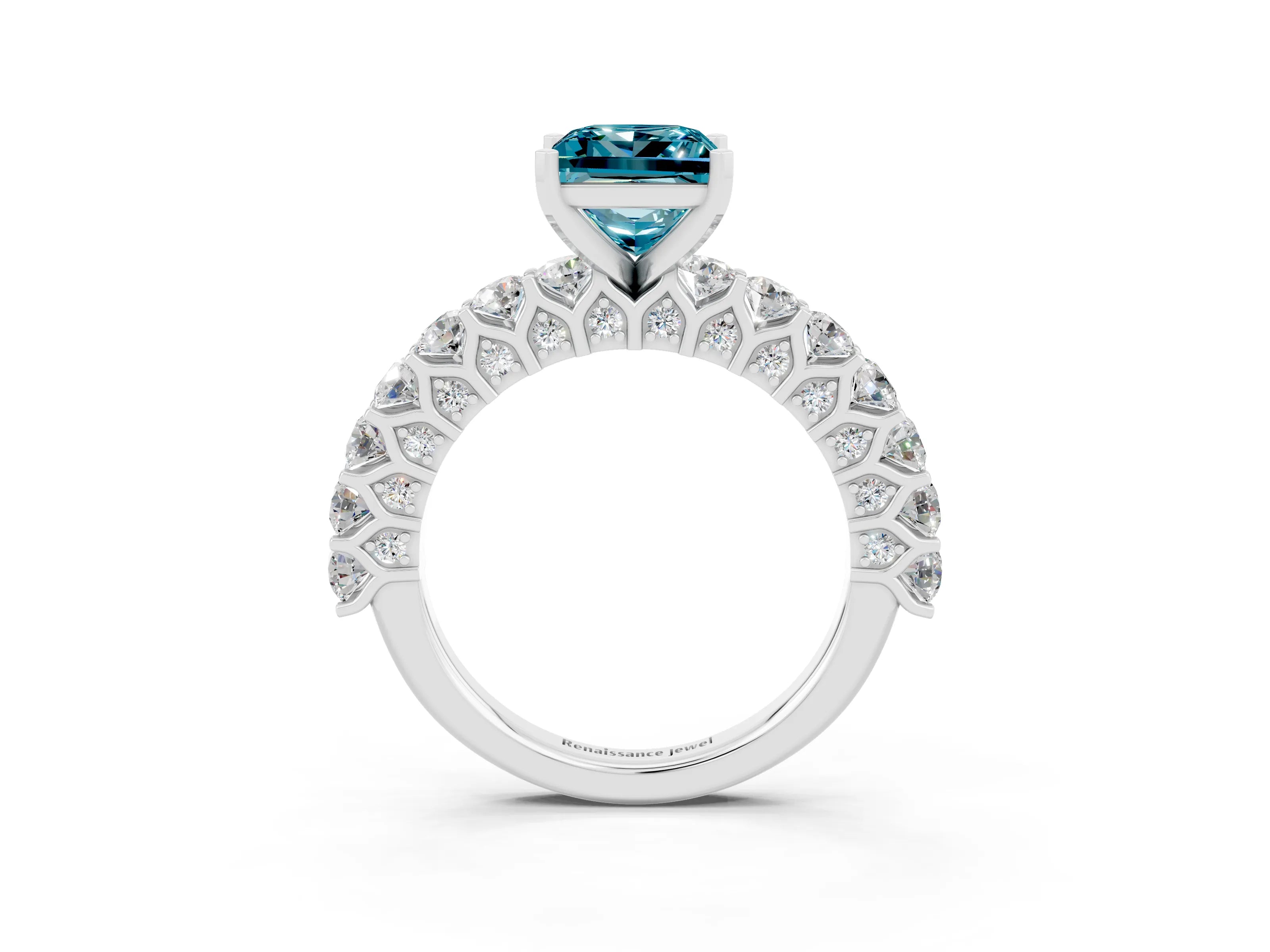 White gold Princess Cut Blue Topaz Solitaire Ring with Shared Prong Pavé Band and Four-Prong Setting_3