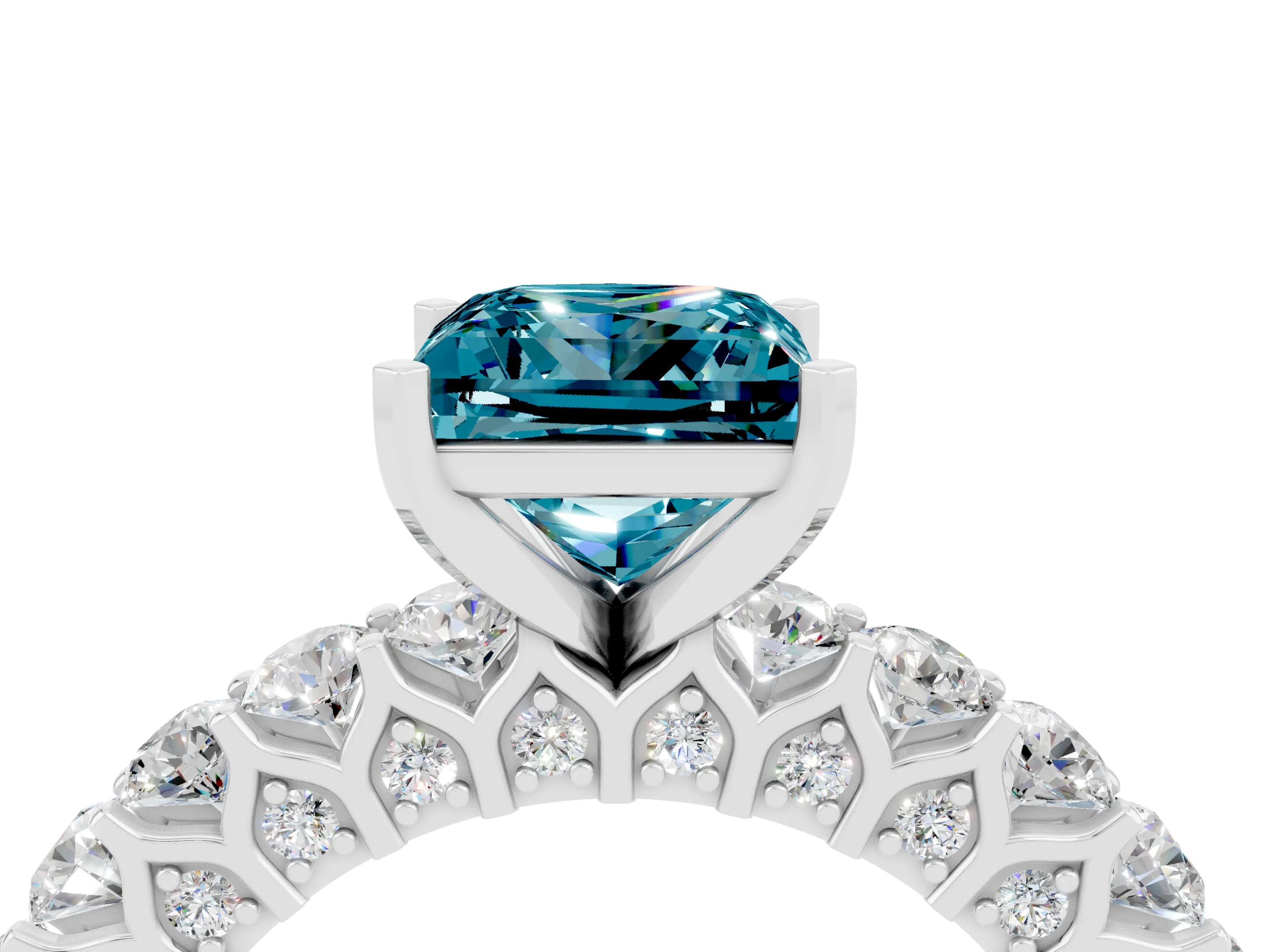 White gold Princess Cut Blue Topaz Solitaire Ring with Shared Prong Pavé Band and Four-Prong Setting_4