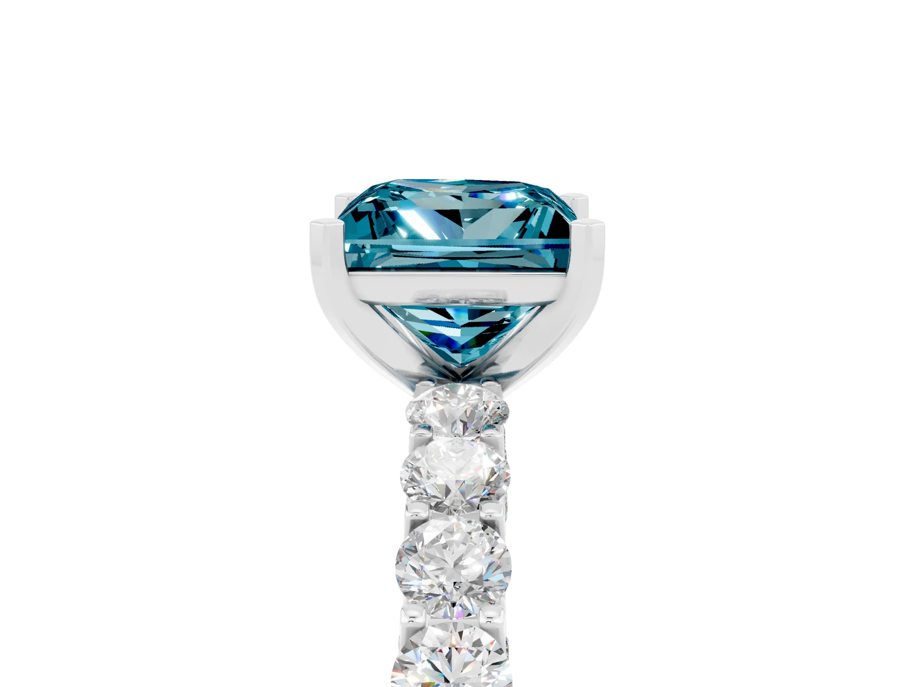 White gold Princess Cut Blue Topaz Solitaire Ring with Shared Prong Pavé Band and Four-Prong Setting_5
