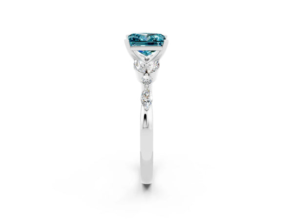 Platinum Princess Cut Blue Topaz Solitaire Ring with Side Stones and Four-Prong Setting