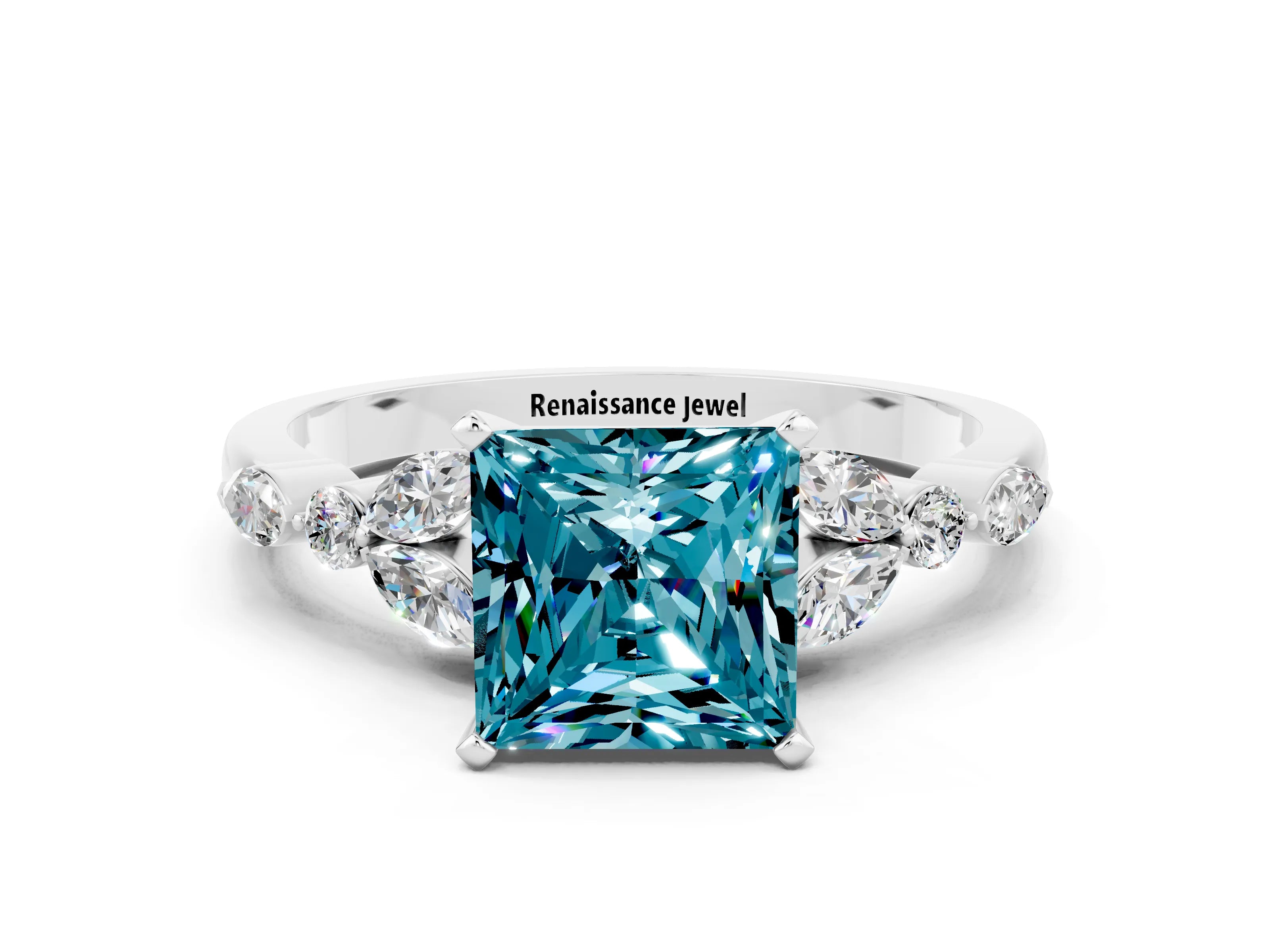 White gold Princess Cut Blue Topaz Solitaire Ring with Side Stones and Four-Prong Setting_24