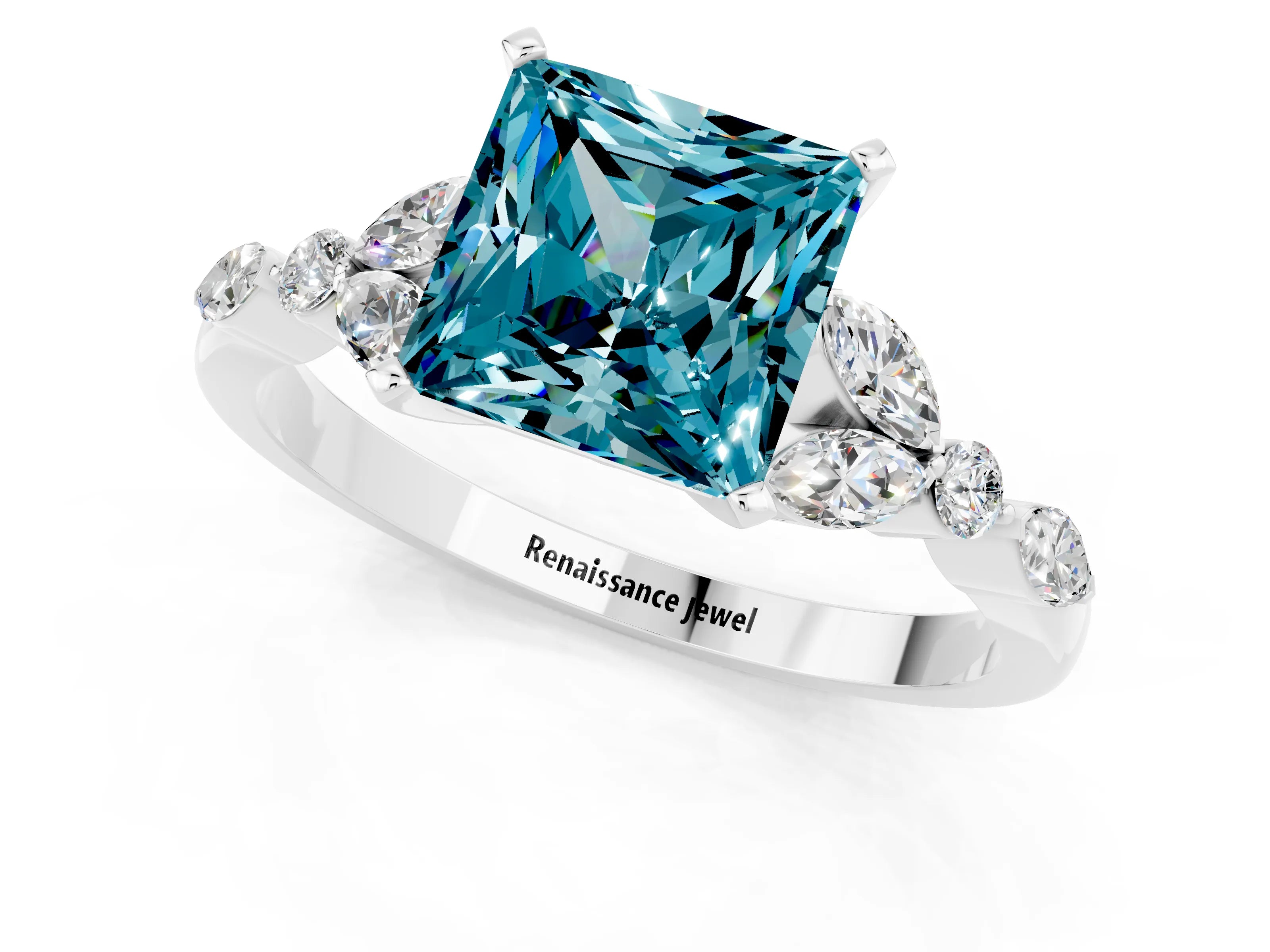 White gold Princess Cut Blue Topaz Solitaire Ring with Side Stones and Four-Prong Setting_25