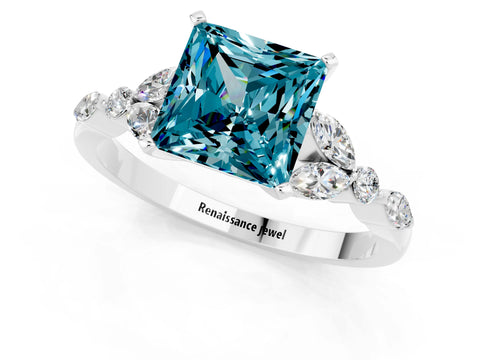 White gold Princess Cut Blue Topaz Solitaire Ring with Side Stones and Four-Prong Setting_25