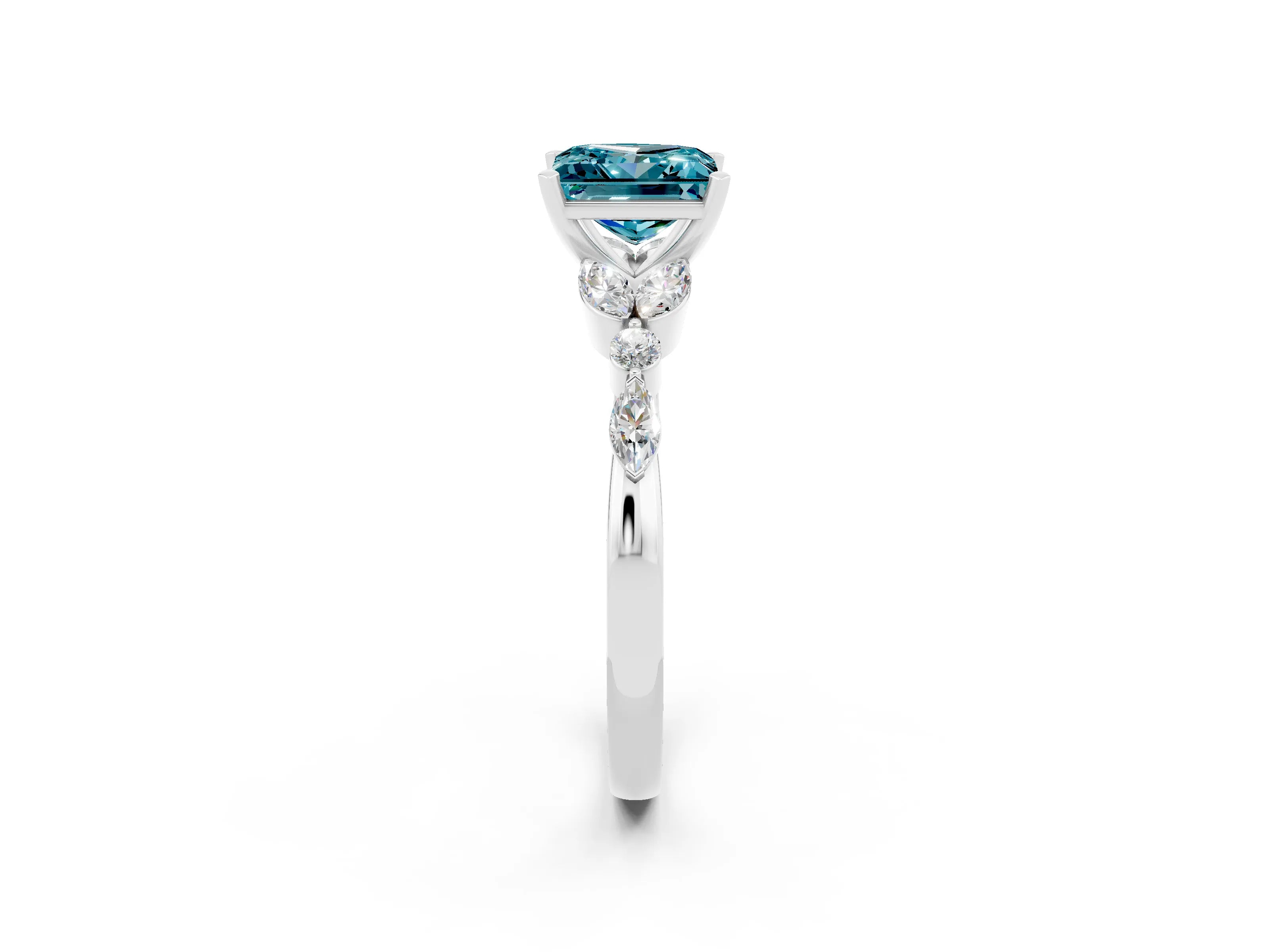 White gold Princess Cut Blue Topaz Solitaire Ring with Side Stones and Four-Prong Setting_26