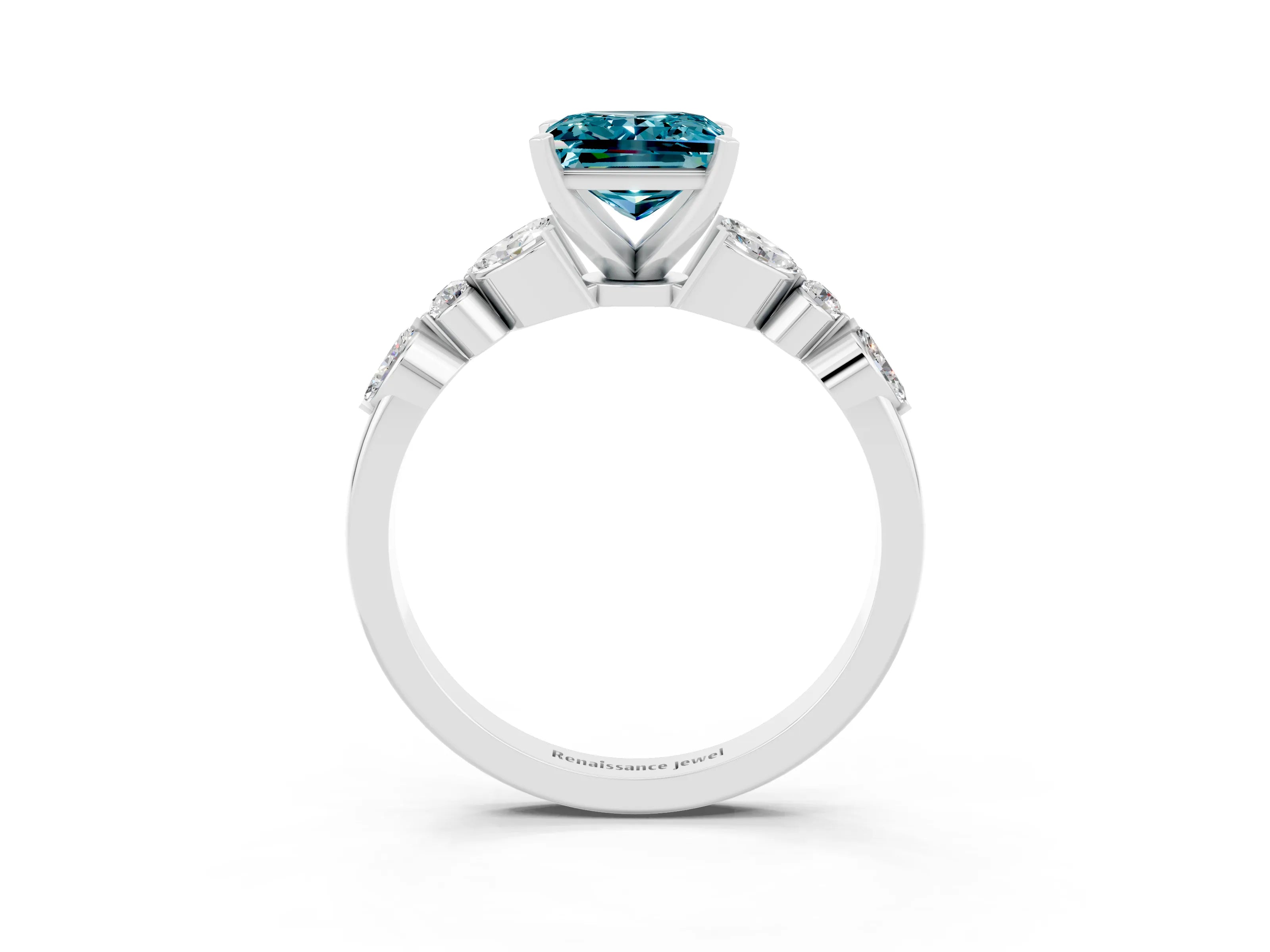 White gold Princess Cut Blue Topaz Solitaire Ring with Side Stones and Four-Prong Setting_27