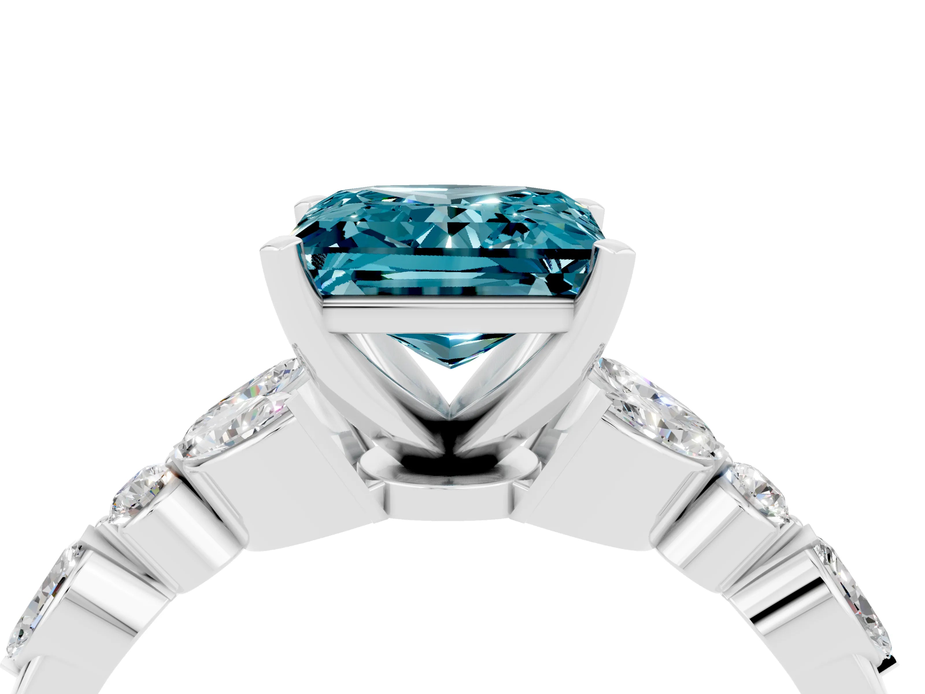 White gold Princess Cut Blue Topaz Solitaire Ring with Side Stones and Four-Prong Setting_28
