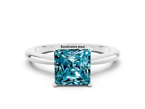 White gold Princess Cut Blue Topaz Solitaire Ring with Six-Prong Setting and Classic Band