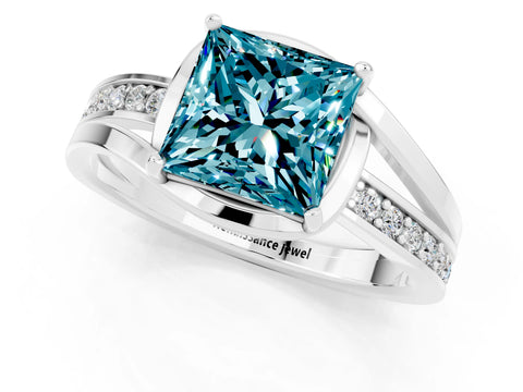 White gold Princess Cut Blue Topaz Solitaire Ring with Split Shank and Prong Setting_1