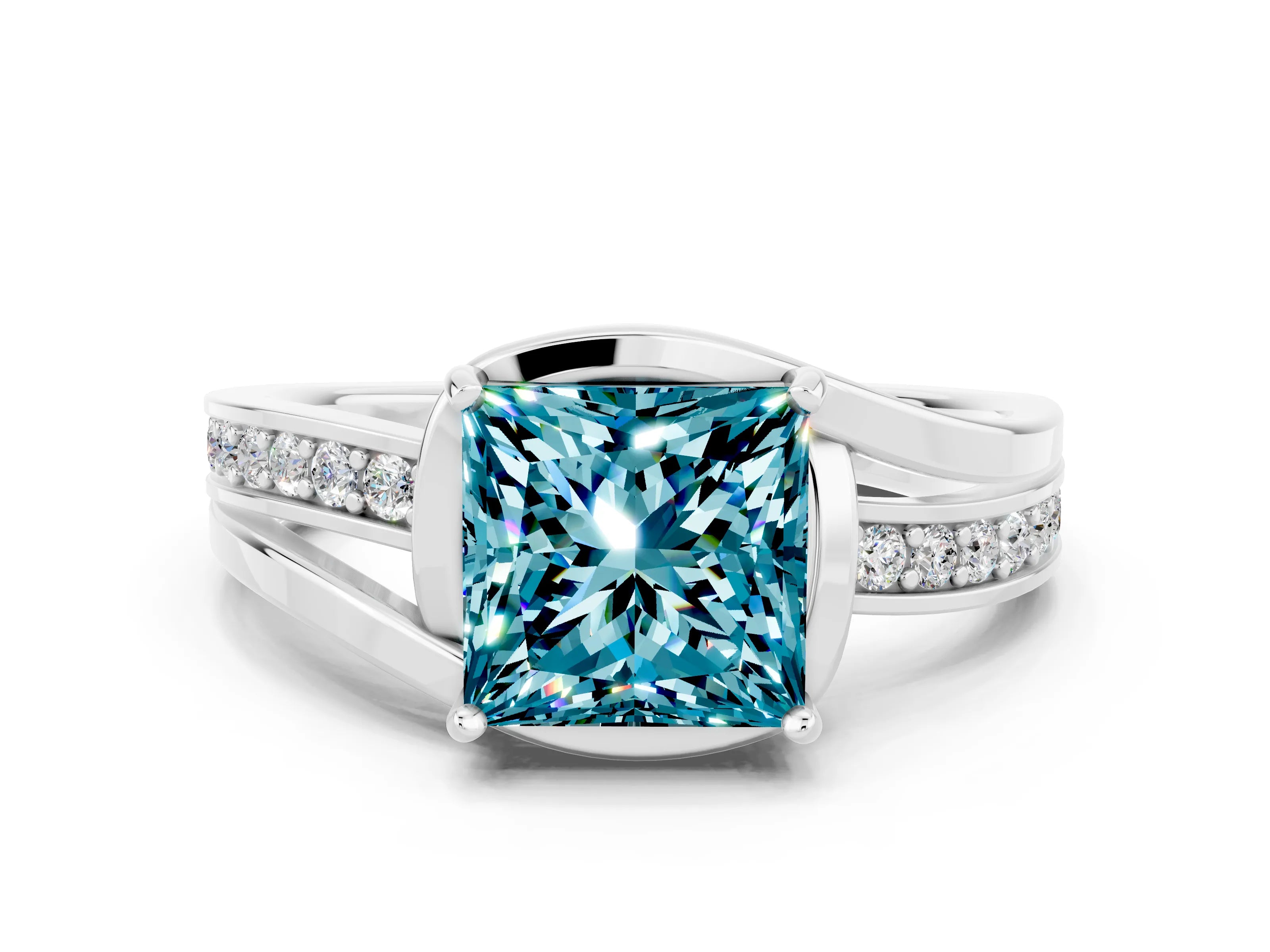White gold Princess Cut Blue Topaz Solitaire Ring with Split Shank and Prong Setting