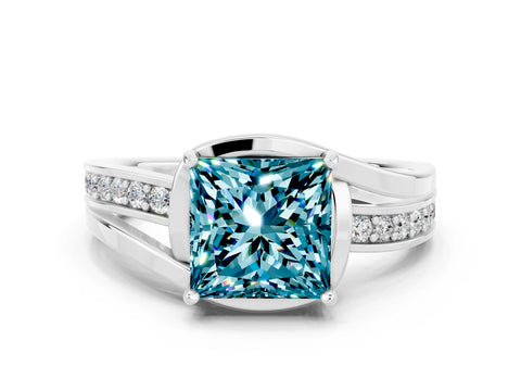 White gold Princess Cut Blue Topaz Solitaire Ring with Split Shank and Prong Setting