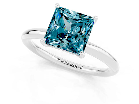 White gold Princess Cut Blue Topaz Solitaire Ring with Thin Band and Four-Prong Setting_1