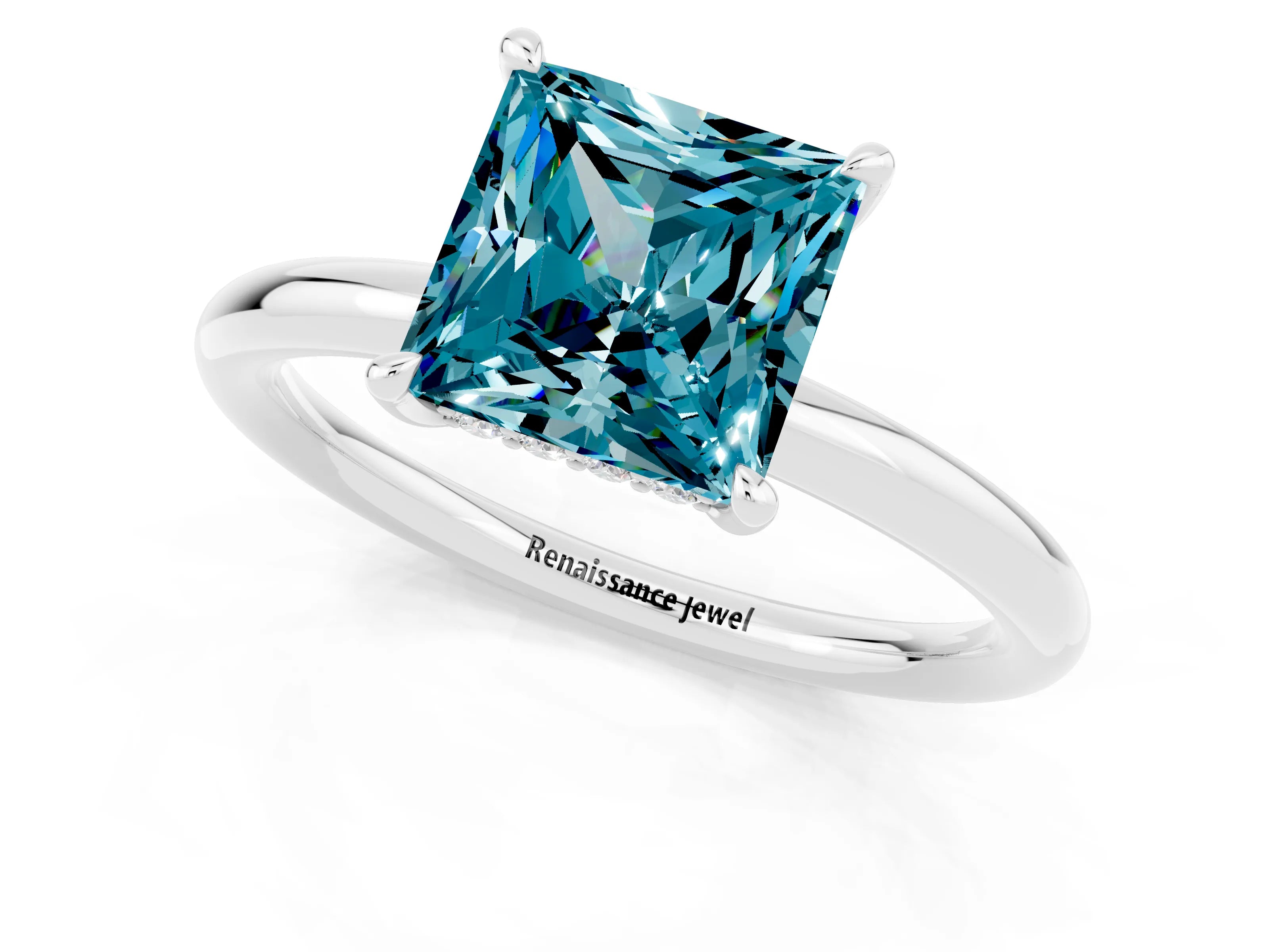 White gold Princess Cut Blue Topaz Solitaire Ring with Thin Band and Four-Prong Setting_1