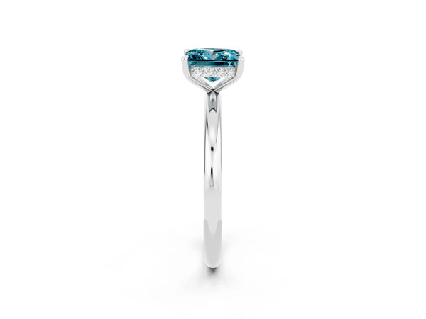 Platinum Princess Cut Blue Topaz Solitaire Ring with Thin Band and Four-Prong Setting