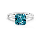 White gold Princess Cut Blue Topaz Solitaire Ring with Thin Band and Four-Prong Setting