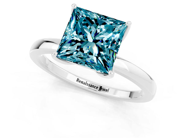 White gold Princess Cut Blue Topaz Solitaire Ring with Thin Band and Prong Setting