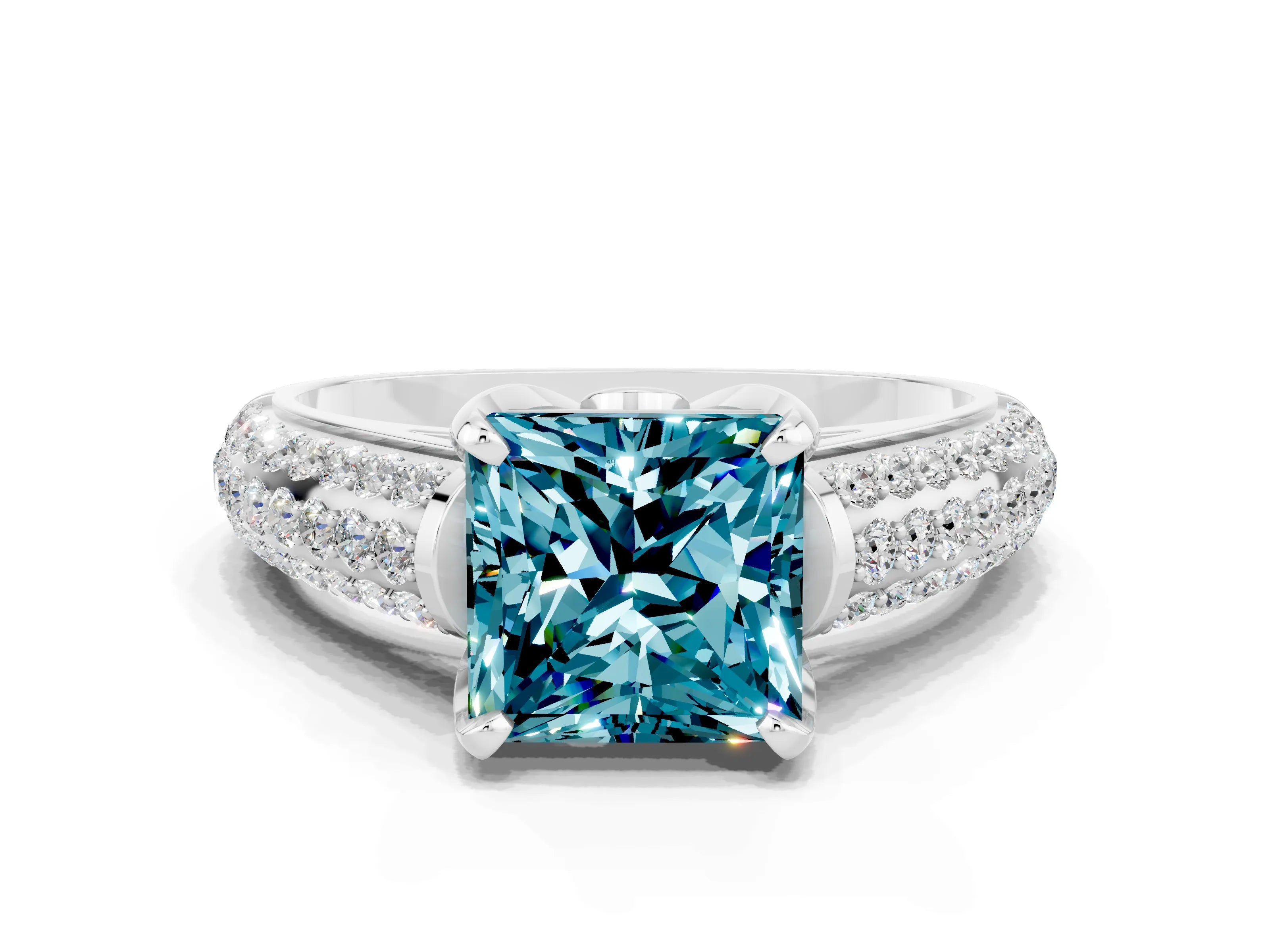 White gold Princess Cut Blue Topaz Solitaire Ring with Three-Row Pavé Band and Four-Prong Setting_12