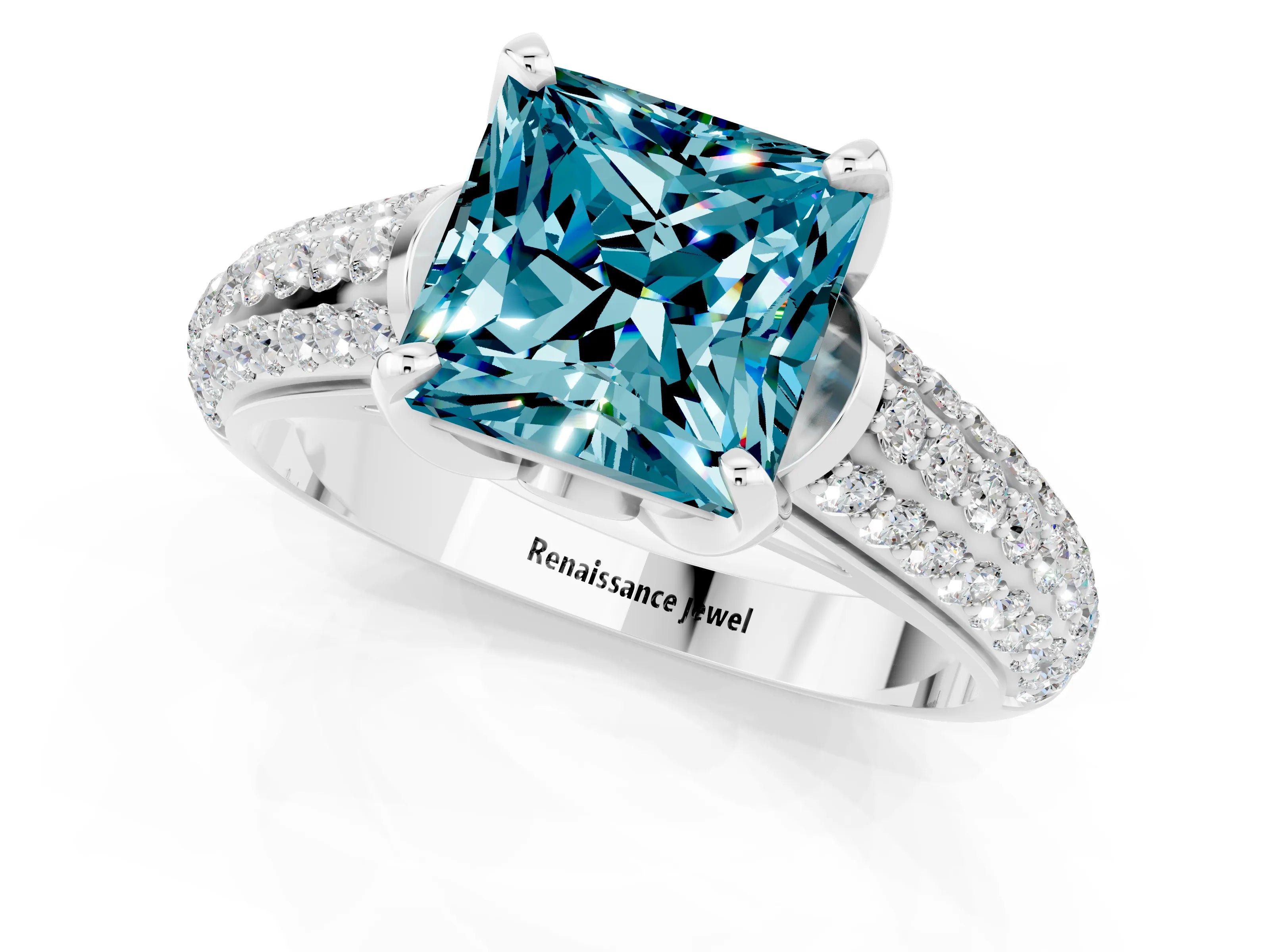 White gold Princess Cut Blue Topaz Solitaire Ring with Three-Row Pavé Band and Four-Prong Setting_13