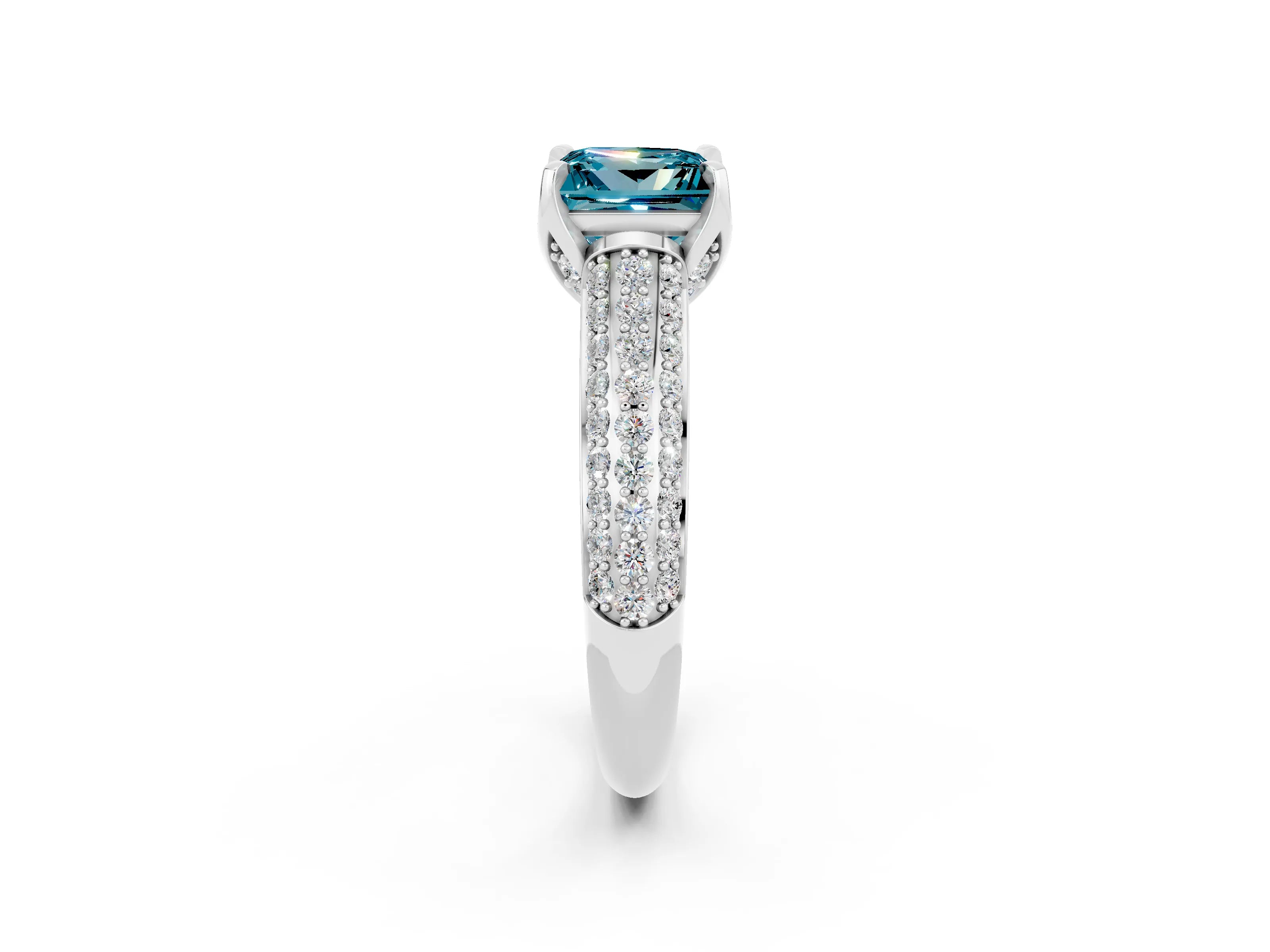 White gold Princess Cut Blue Topaz Solitaire Ring with Three-Row Pavé Band and Four-Prong Setting_14