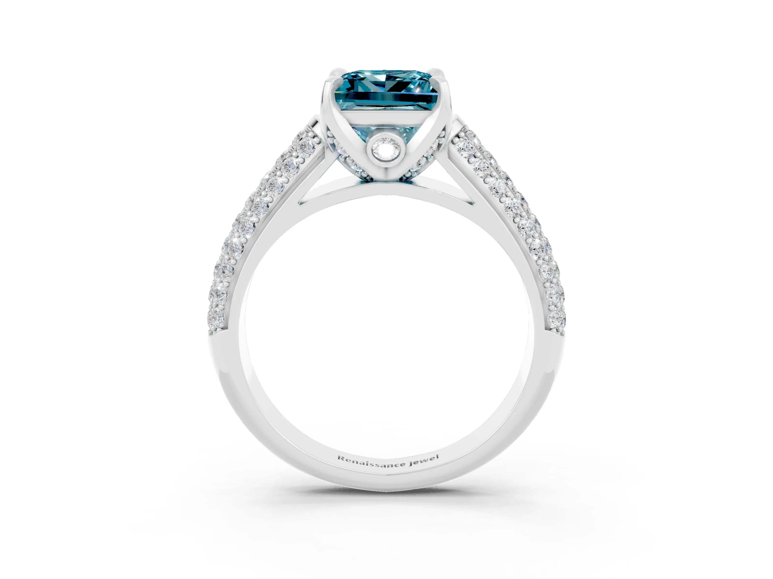 White gold Princess Cut Blue Topaz Solitaire Ring with Three-Row Pavé Band and Four-Prong Setting_15