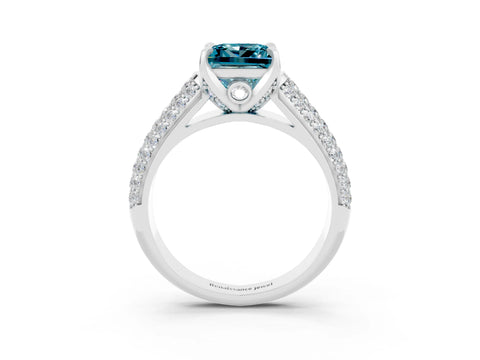 White gold Princess Cut Blue Topaz Solitaire Ring with Three-Row Pavé Band and Four-Prong Setting_15
