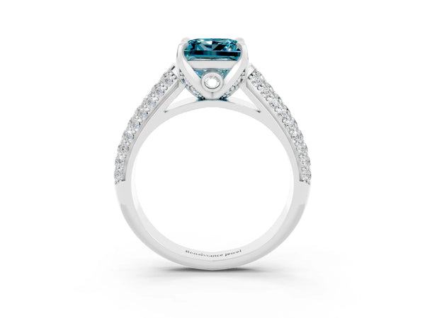 Silver Princess Cut Blue Topaz Solitaire Ring with Three-Row Pavé Band and Four-Prong Setting