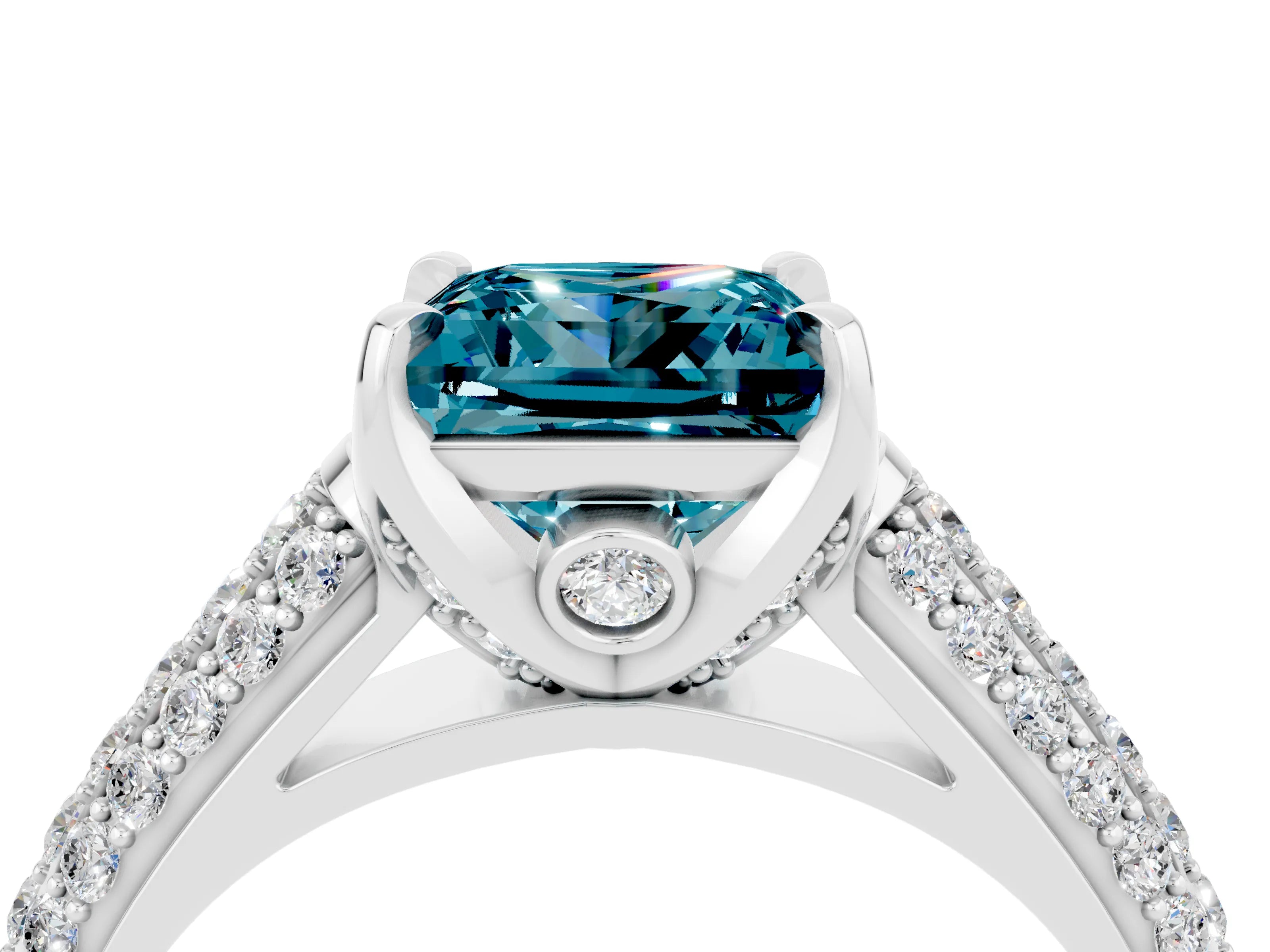 White gold Princess Cut Blue Topaz Solitaire Ring with Three-Row Pavé Band and Four-Prong Setting_16