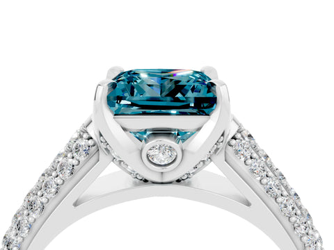 White gold Princess Cut Blue Topaz Solitaire Ring with Three-Row Pavé Band and Four-Prong Setting_16