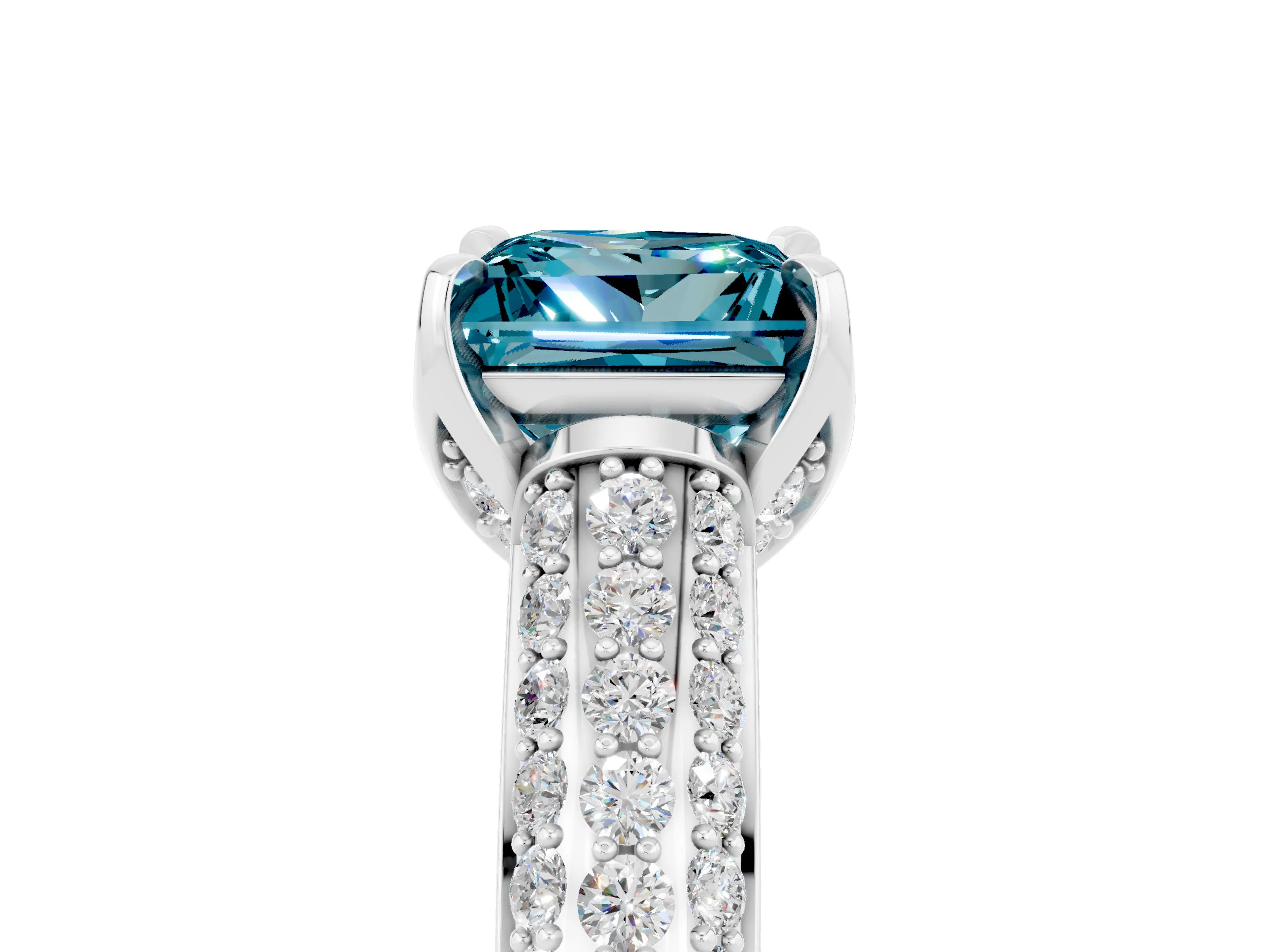 White gold Princess Cut Blue Topaz Solitaire Ring with Three-Row Pavé Band and Four-Prong Setting_17
