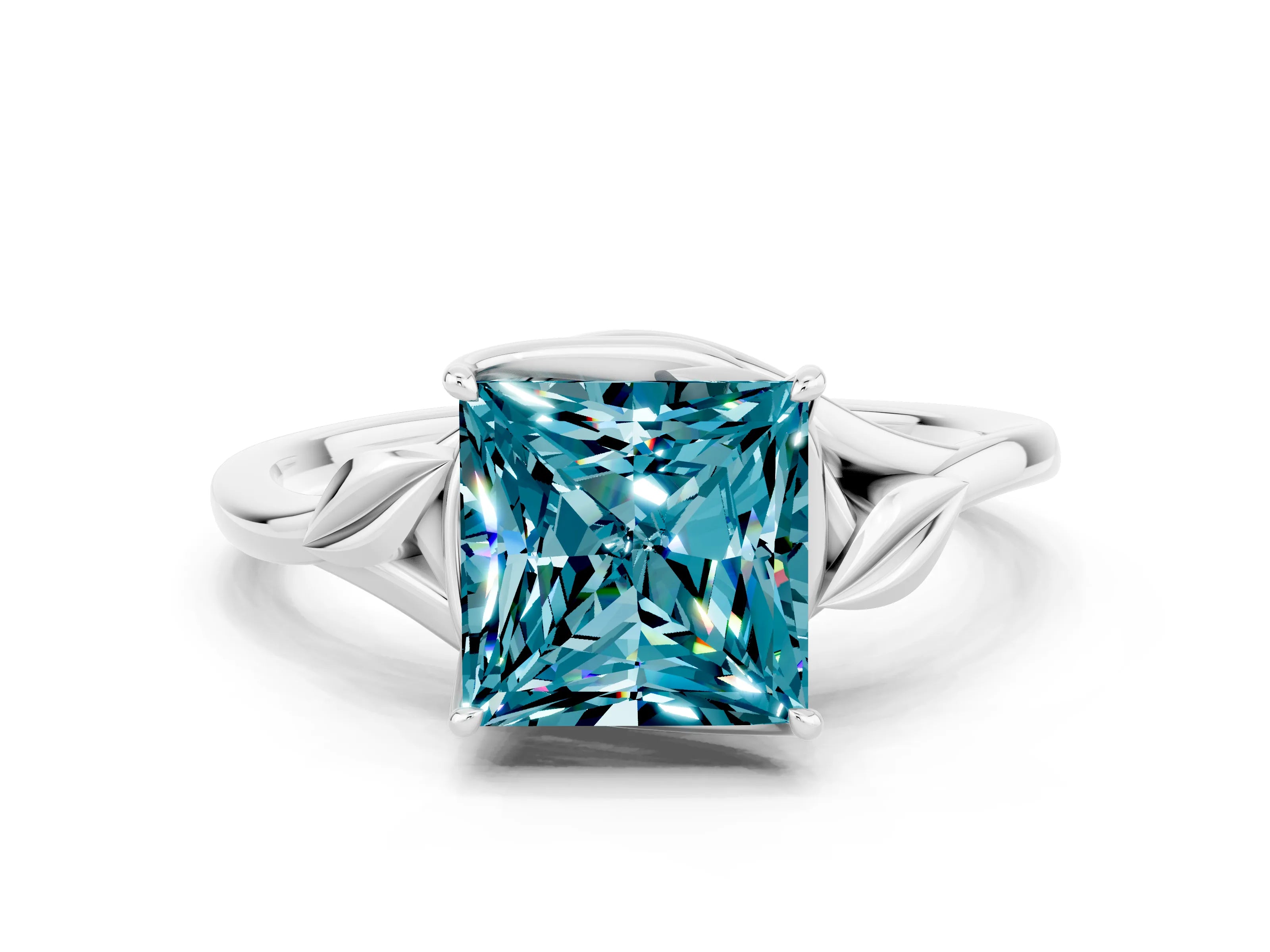 White gold Princess Cut Blue Topaz Solitaire Ring with Twist Band and Four-Prong Setting_12