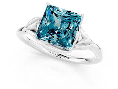 White gold Princess Cut Blue Topaz Solitaire Ring with Twist Band and Four-Prong Setting_13