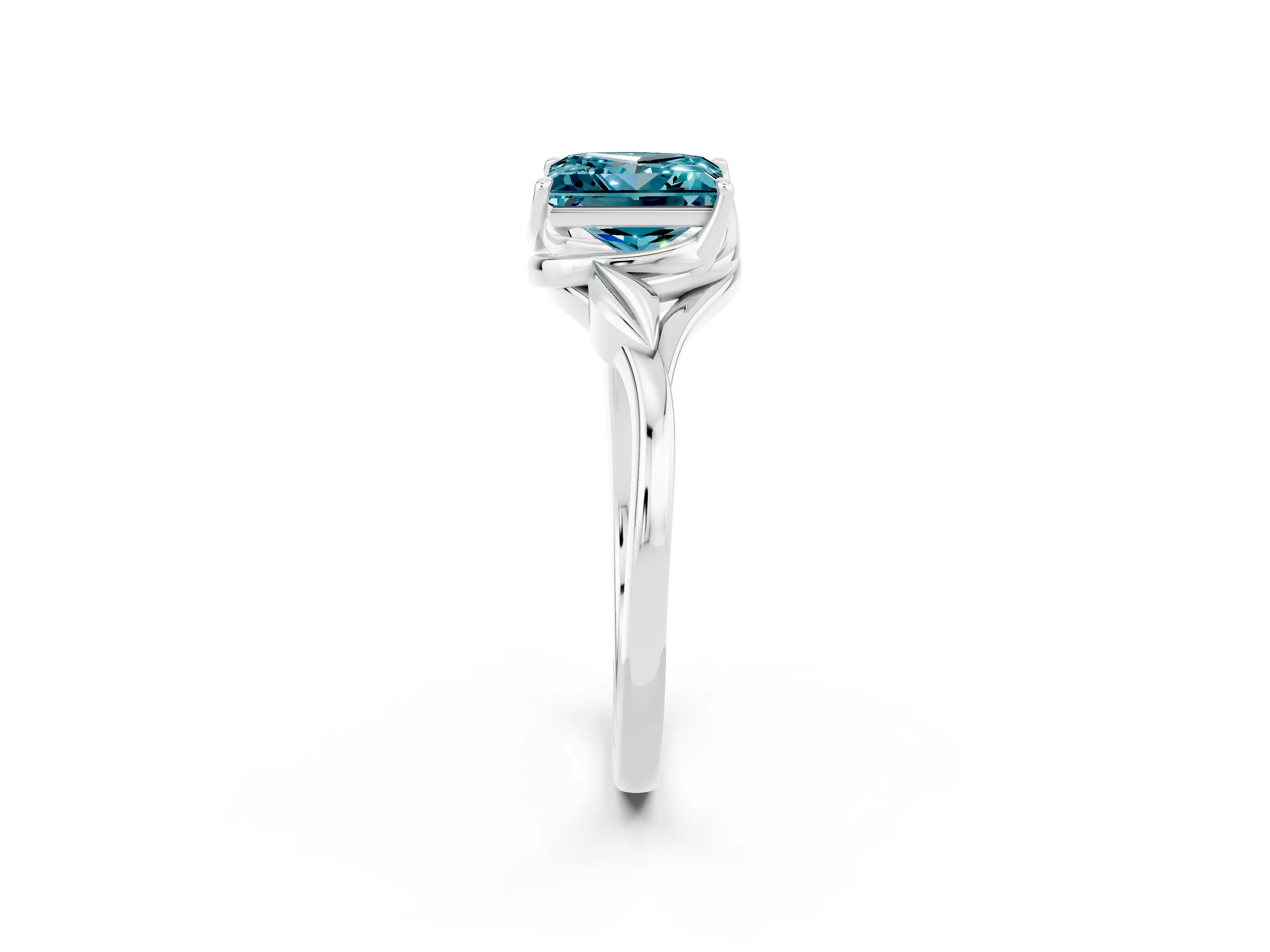 White gold Princess Cut Blue Topaz Solitaire Ring with Twist Band and Four-Prong Setting_14