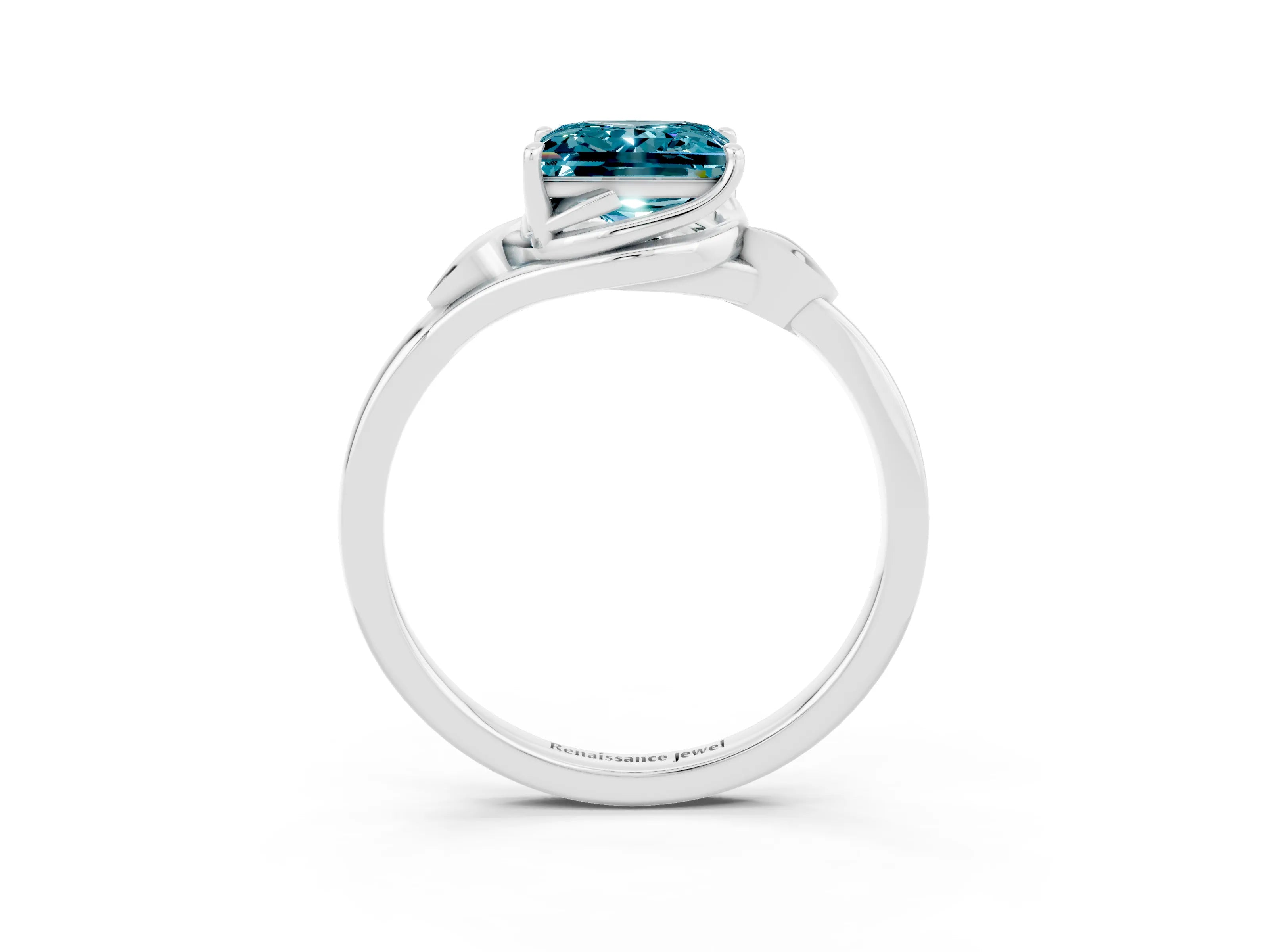 White gold Princess Cut Blue Topaz Solitaire Ring with Twist Band and Four-Prong Setting_15