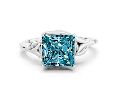 White gold Princess Cut Blue Topaz Solitaire Ring with Twist Band and Four-Prong Setting_36