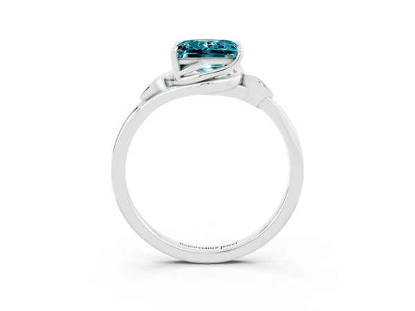 White gold Princess Cut Blue Topaz Solitaire Ring with Twist Band and Four-Prong Setting